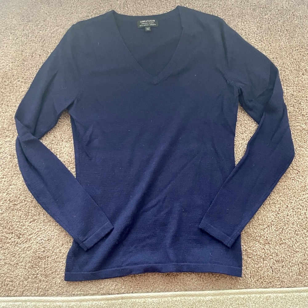 Lord & Taylor Navy Extra Fine Merino Wool Sweater